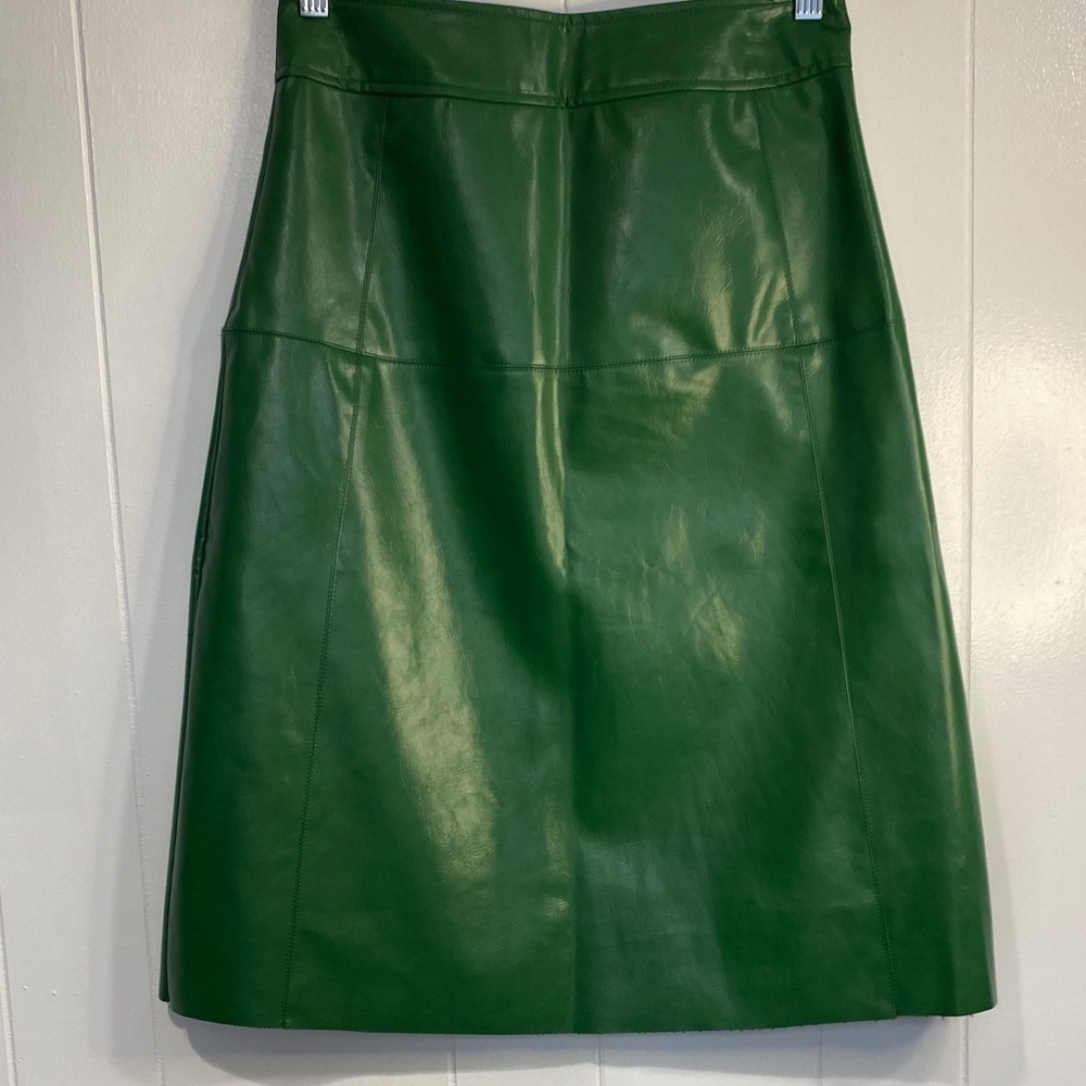Fate Green Faux Leather A-Line Skirt | Snap Front High Waist | Raw Hem | S - Picture 7 of 11